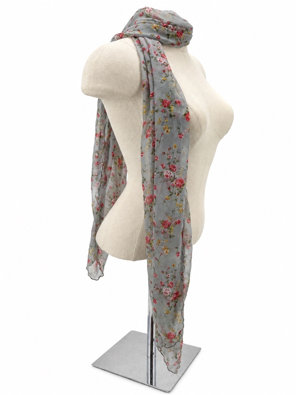 Unbranded Gray Blue Floral Sheer Long Scarf Rose Print Cottagecore Romantic Y2K